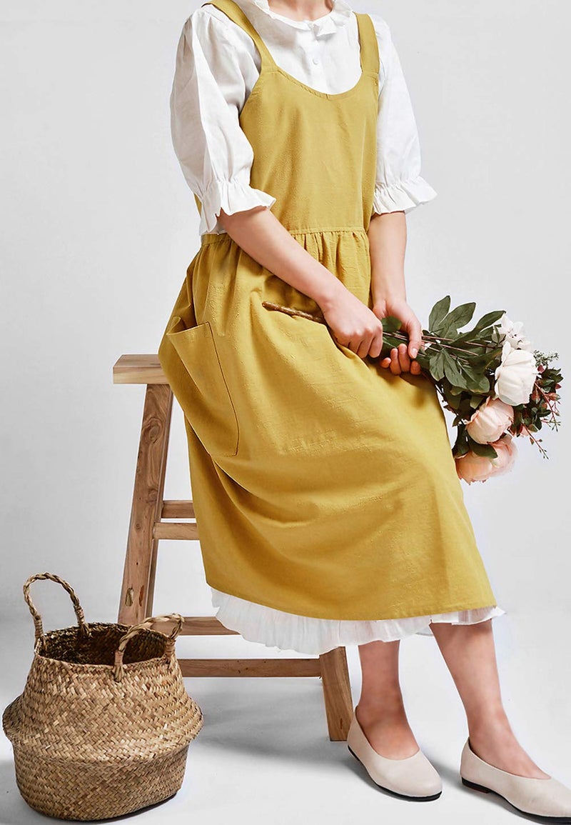 NEWGEM Cotton Linen Cross Back Apron for Women with Pockets for Cooking Cleaning Yellow without Waist Ties - Image 4